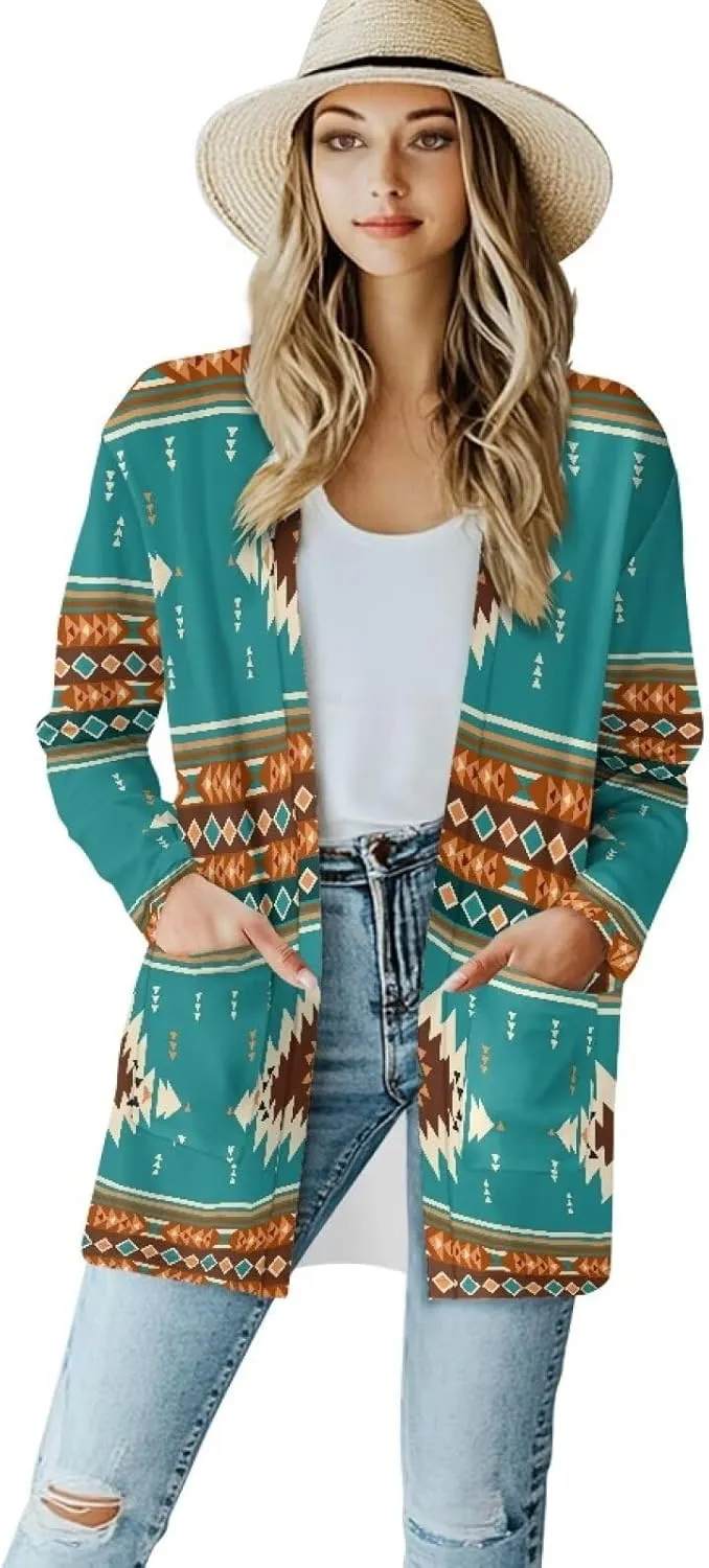 Woman Western Style Aztec Cardigan Long Sleeve Geometric Aztec Print Casual Lightweight Open Front Cardigan Coat