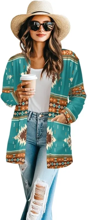 Woman Western Style Aztec Cardigan Long Sleeve Geometric Aztec Print Casual Lightweight Open Front Cardigan Coat
