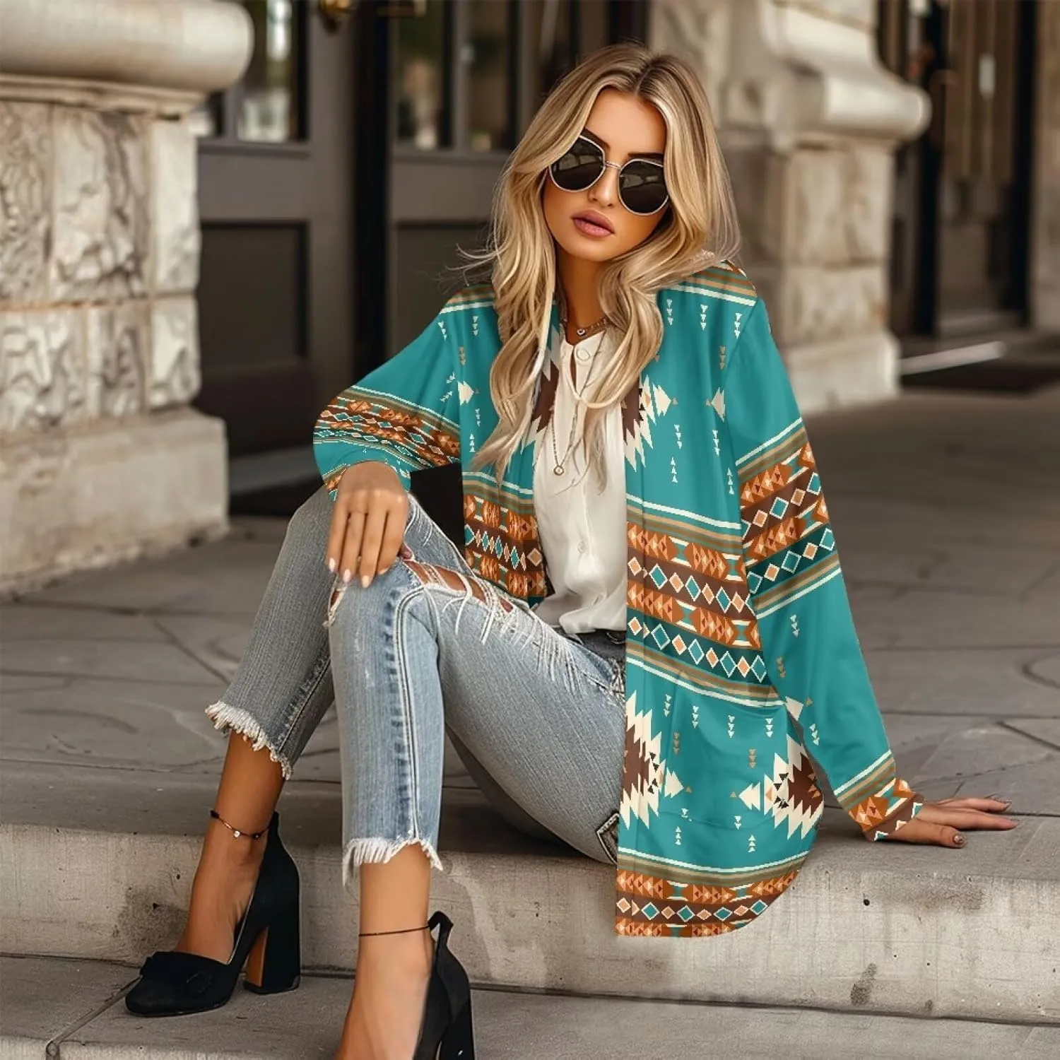 Woman Western Style Aztec Cardigan Long Sleeve Geometric Aztec Print Casual Lightweight Open Front Cardigan Coat