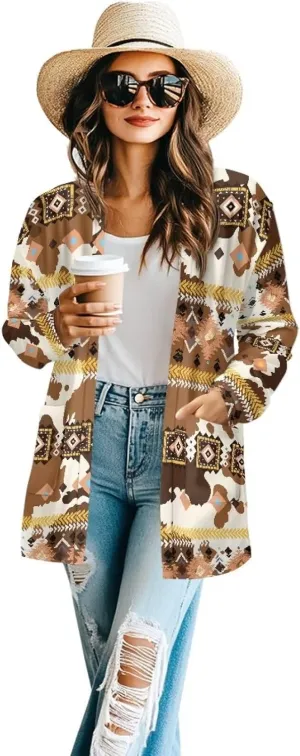 Woman Western Style Aztec Cardigan Long Sleeve Geometric Aztec Print Casual Lightweight Open Front Cardigan Coat