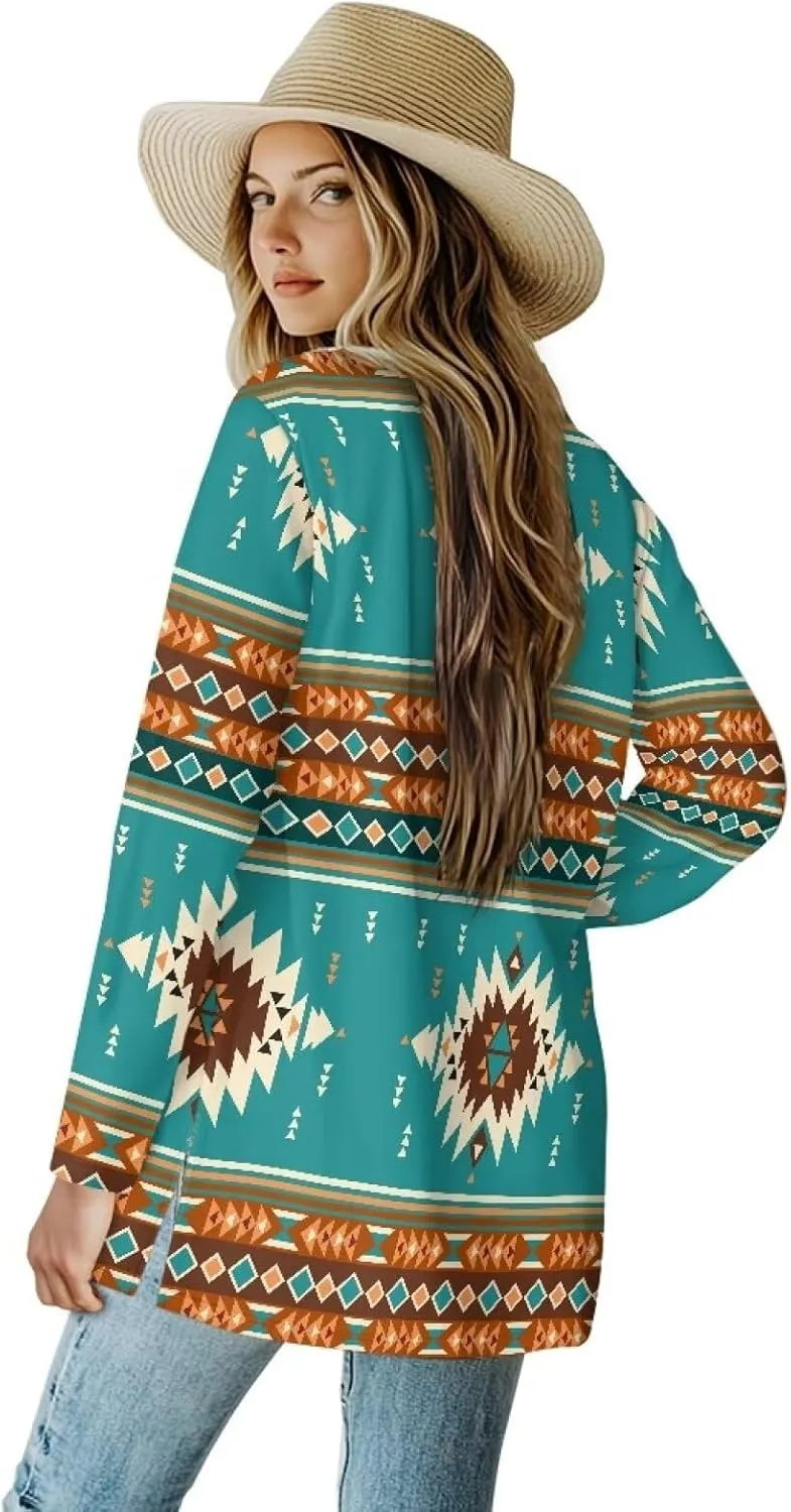 Woman Western Style Aztec Cardigan Long Sleeve Geometric Aztec Print Casual Lightweight Open Front Cardigan Coat