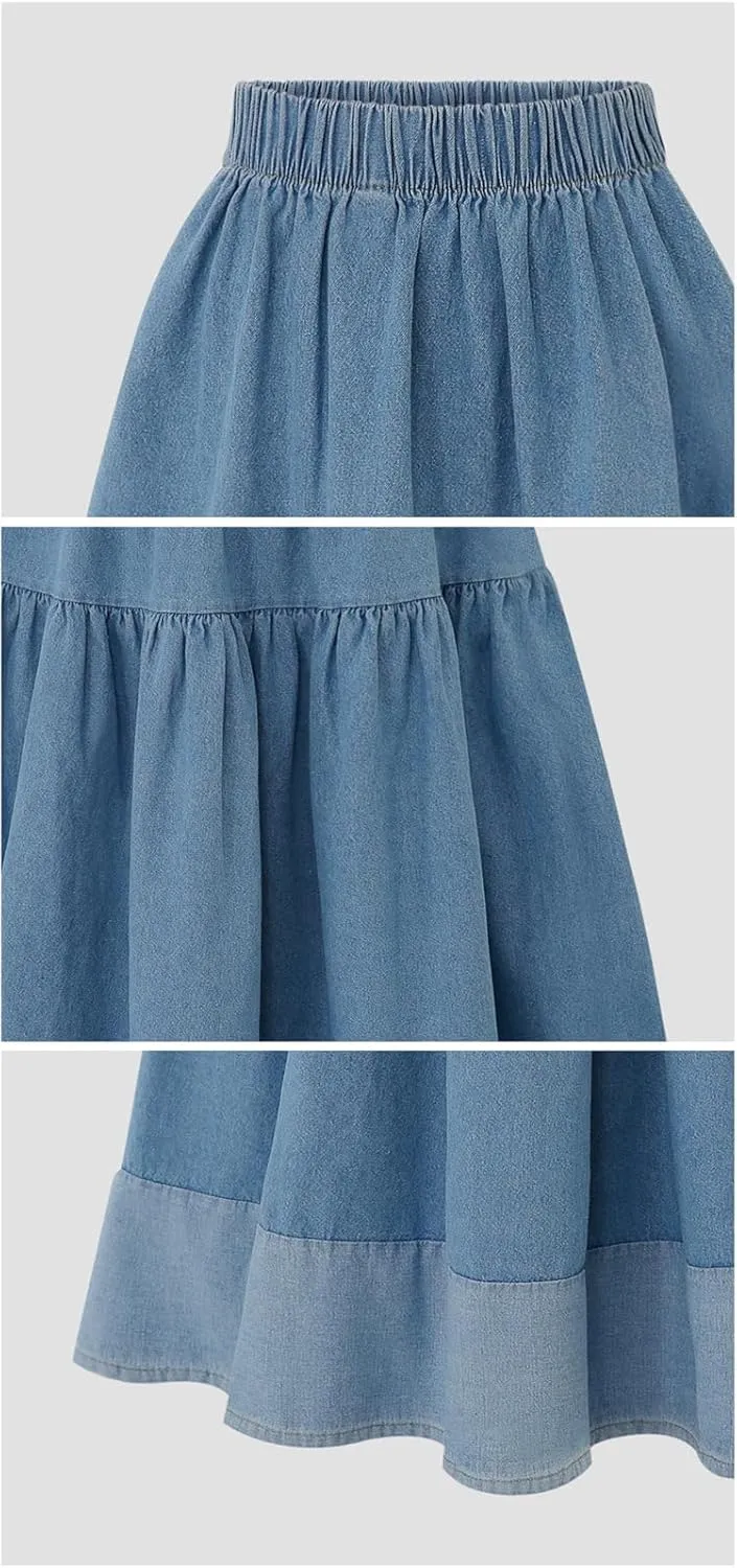 Women Denim Midi Skirt Pleated Skirt A-Line Casual Sexy Jean Skirt Trendy