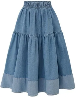 Women Denim Midi Skirt Pleated Skirt A-Line Casual Sexy Jean Skirt Trendy