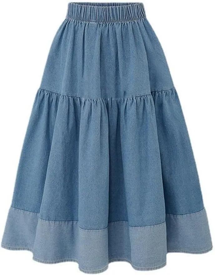 Women Denim Midi Skirt Pleated Skirt A-Line Casual Sexy Jean Skirt Trendy