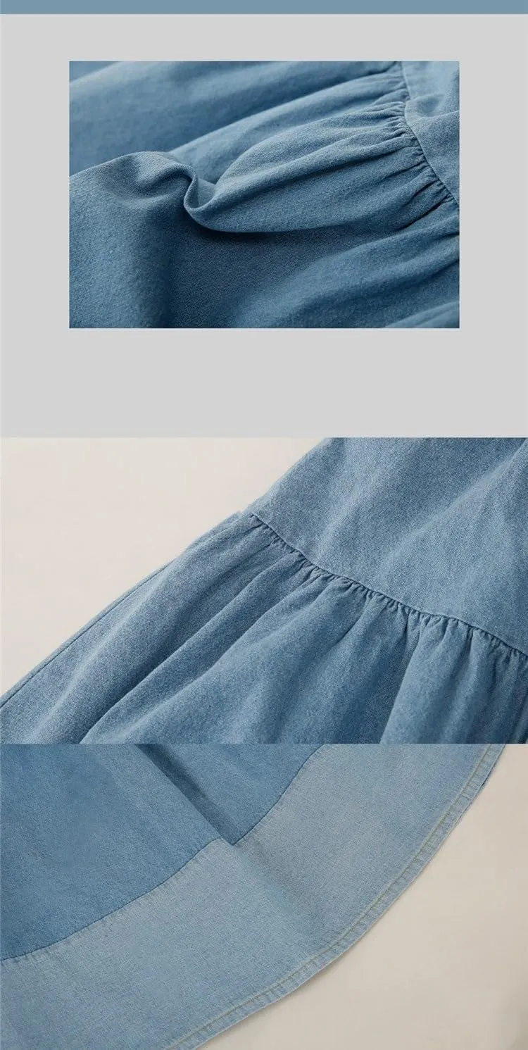 Women Denim Midi Skirt Pleated Skirt A-Line Casual Sexy Jean Skirt Trendy