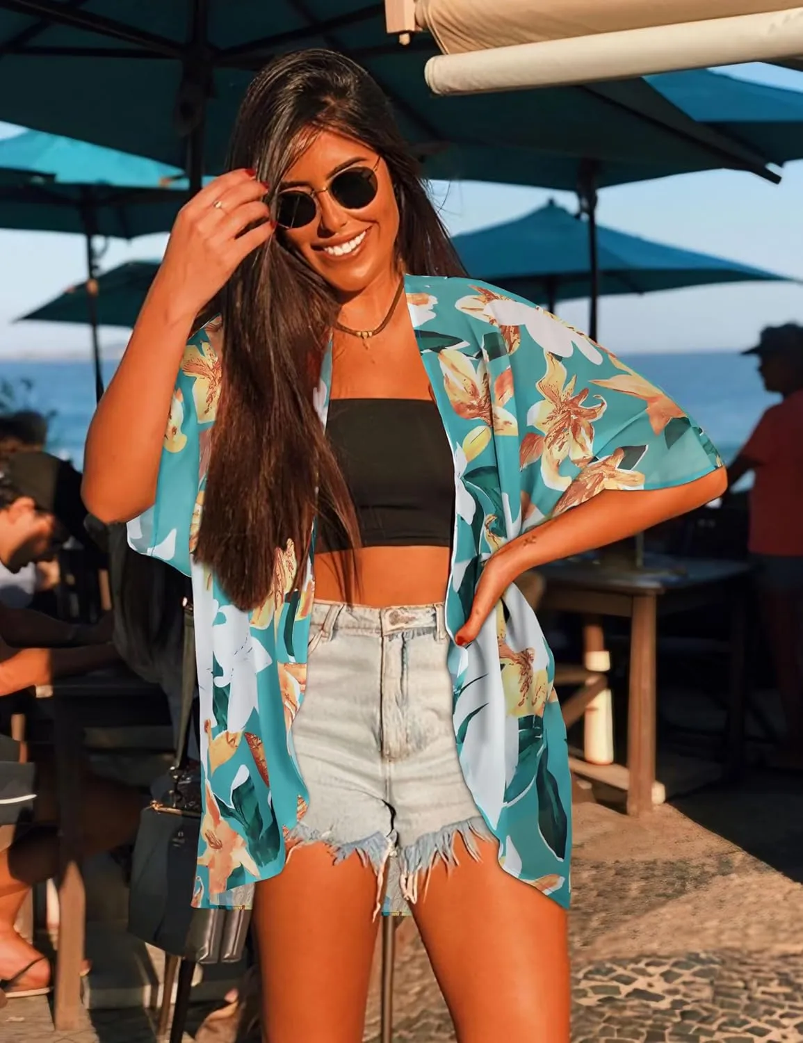 Women Kimono Cardigans Casual Summer Tops Cover up Open Front Floral Print Resort Wear