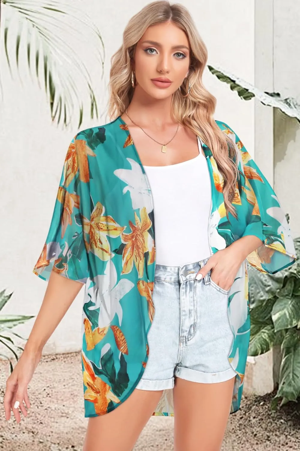 Women Kimono Cardigans Casual Summer Tops Cover up Open Front Floral Print Resort Wear