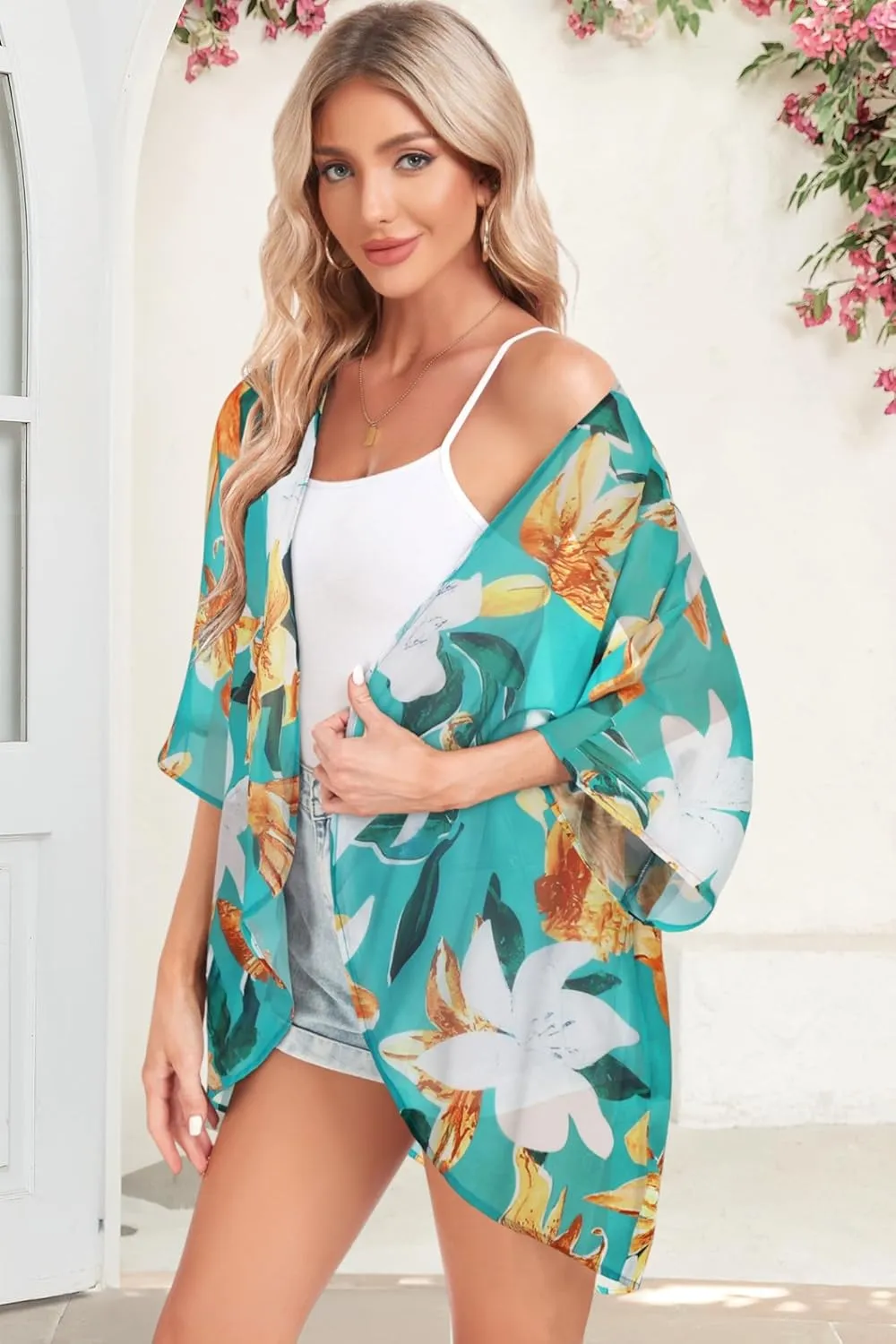 Women Kimono Cardigans Casual Summer Tops Cover up Open Front Floral Print Resort Wear