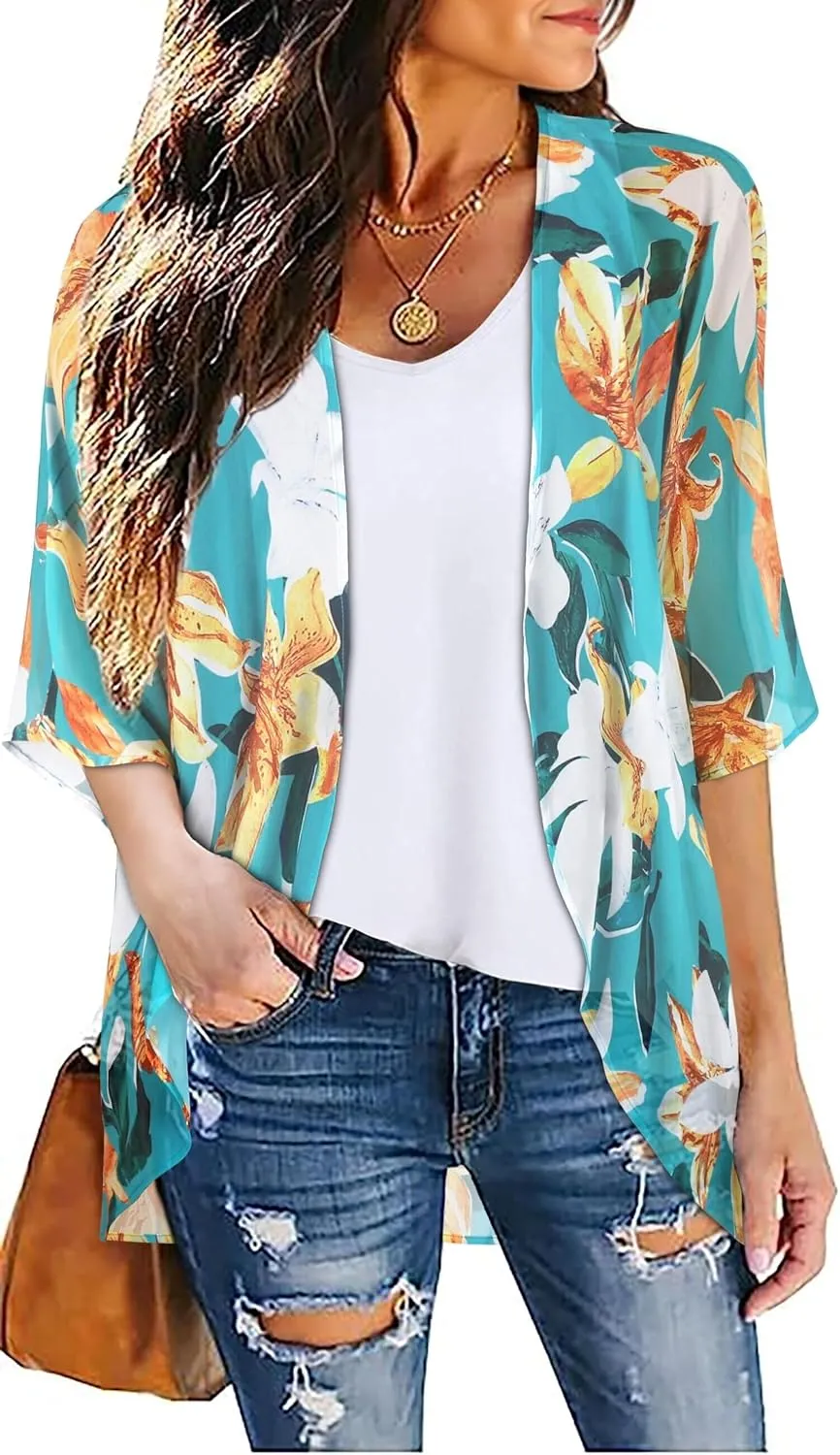 Women Kimono Cardigans Casual Summer Tops Cover up Open Front Floral Print Resort Wear