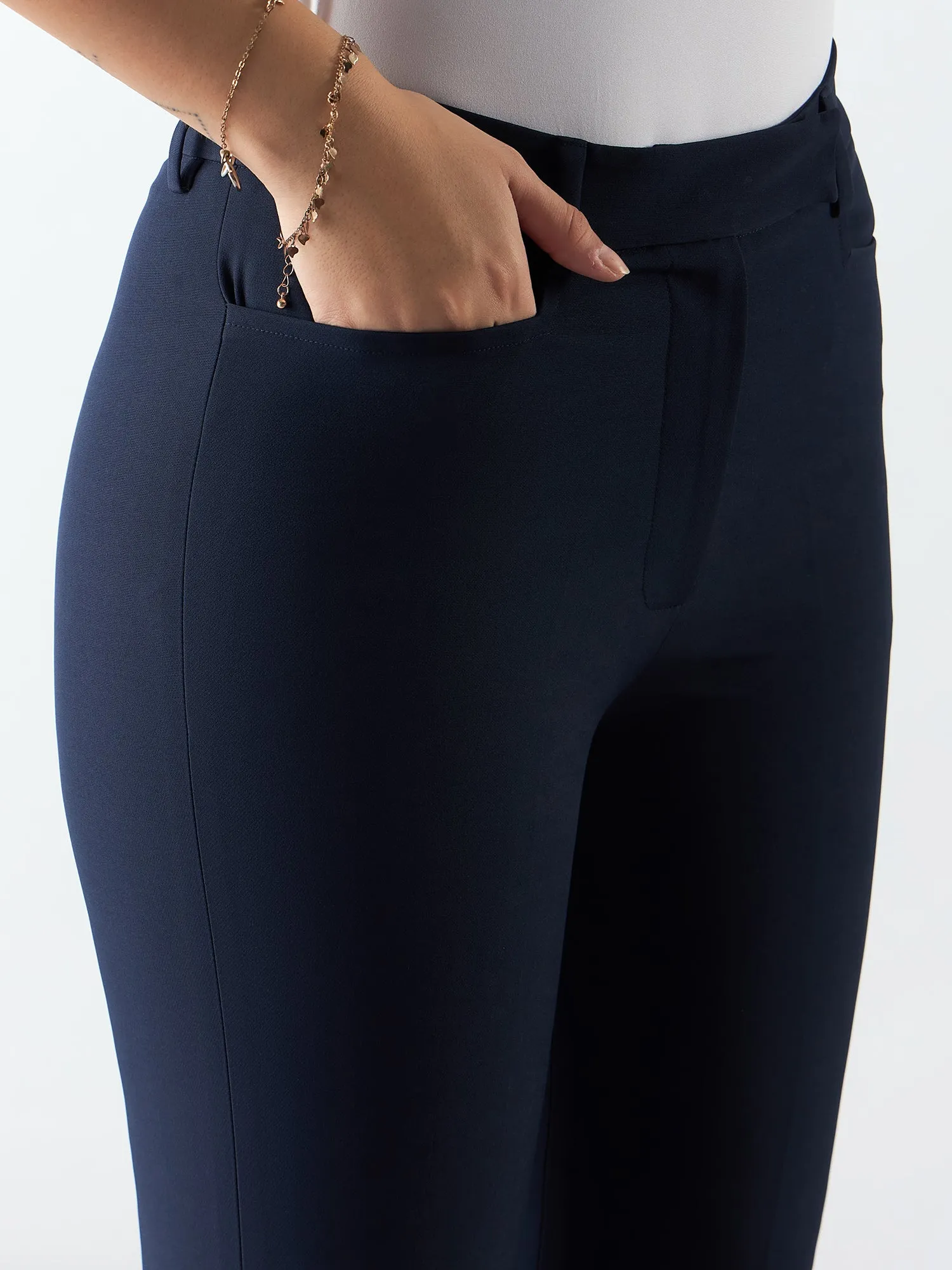 Women Navy Mid Waist Trouser In Stretchable Fabric