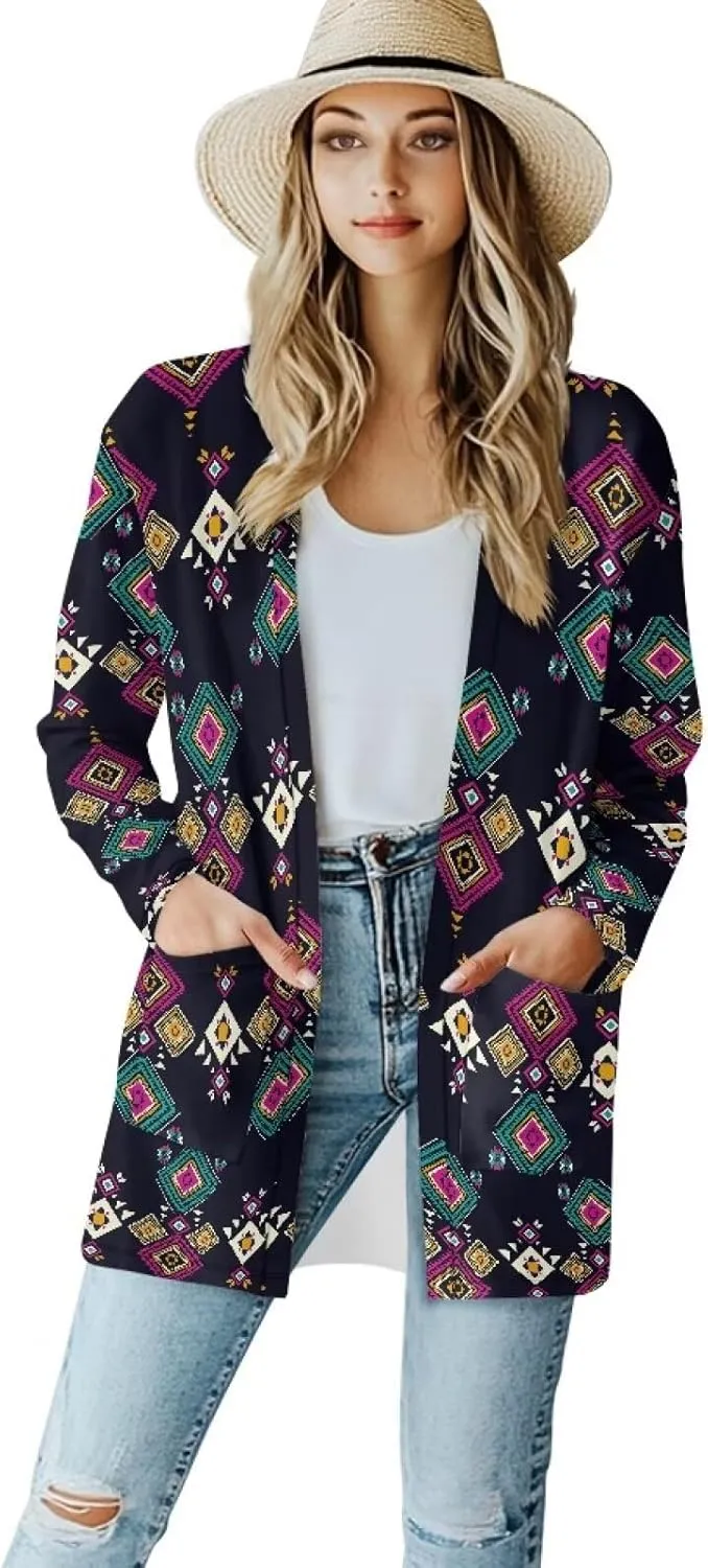 Women Open Front Ethnic Style Aztec Cardigan Tribal Aztec Printed Long Sleeve Casual Loose Coat