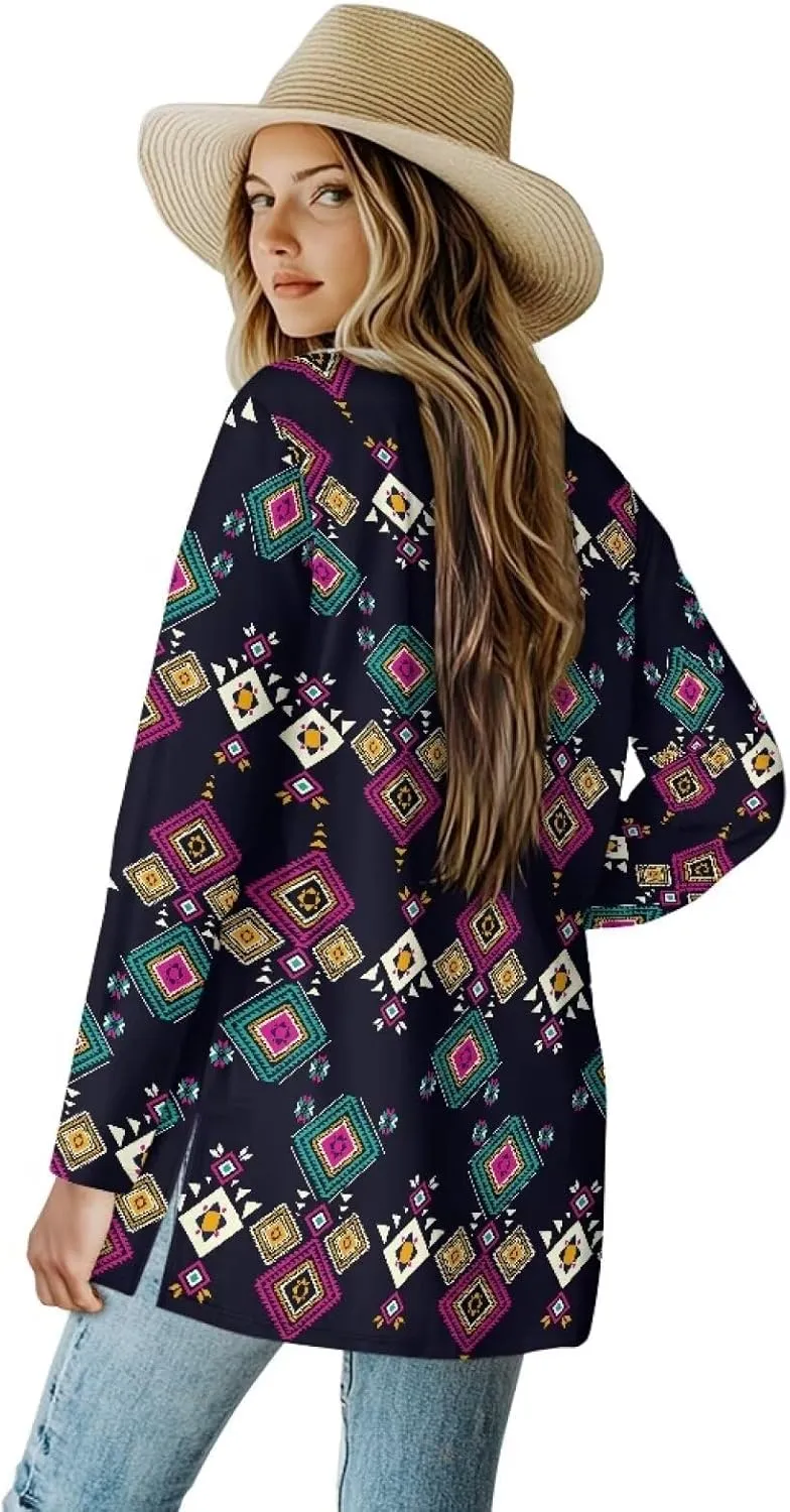 Women Open Front Ethnic Style Aztec Cardigan Tribal Aztec Printed Long Sleeve Casual Loose Coat
