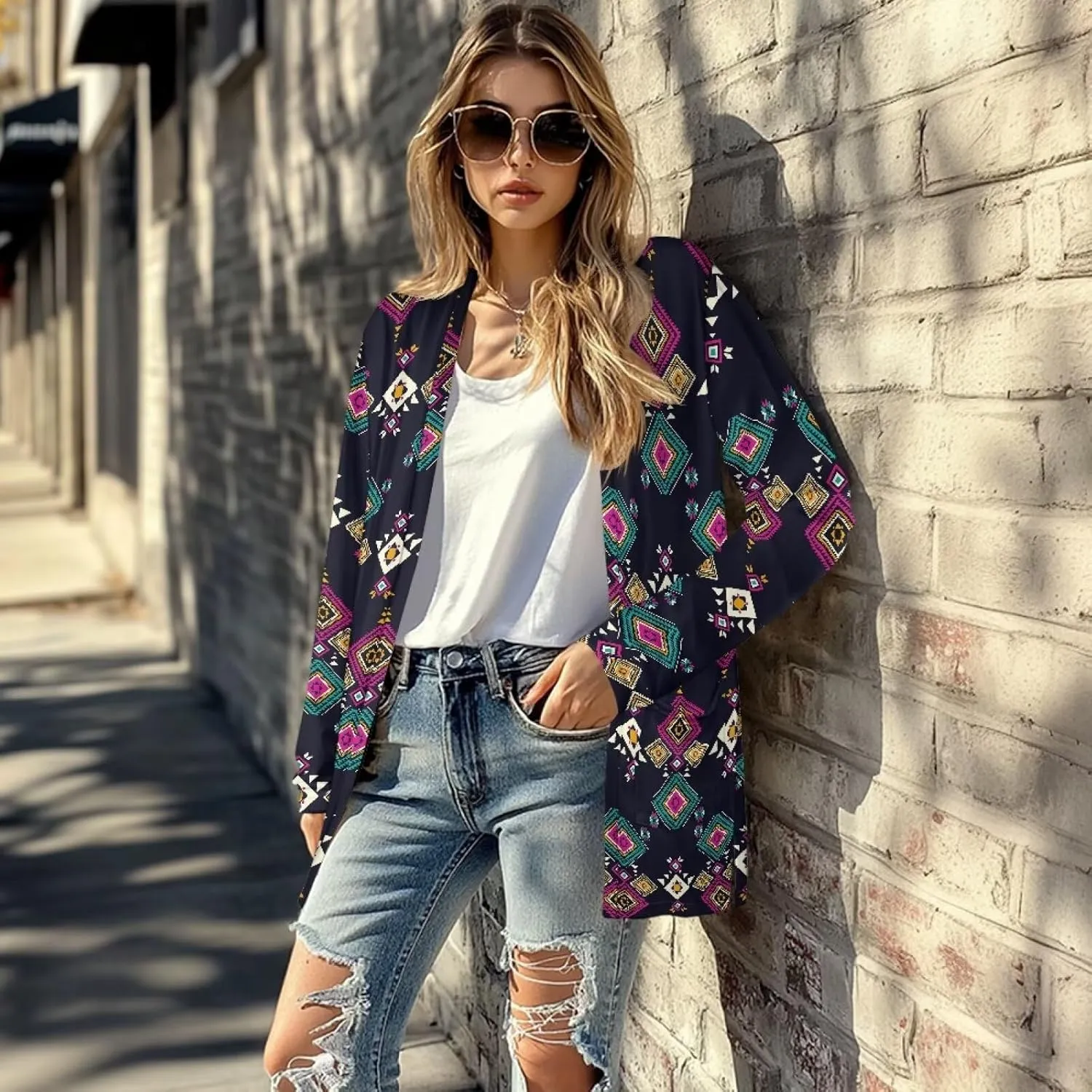 Women Open Front Ethnic Style Aztec Cardigan Tribal Aztec Printed Long Sleeve Casual Loose Coat