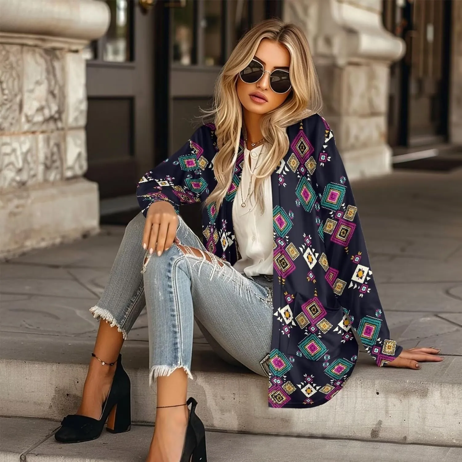 Women Open Front Ethnic Style Aztec Cardigan Tribal Aztec Printed Long Sleeve Casual Loose Coat