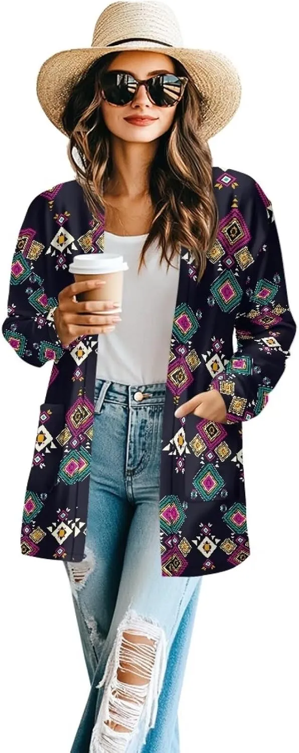 Women Open Front Ethnic Style Aztec Cardigan Tribal Aztec Printed Long Sleeve Casual Loose Coat
