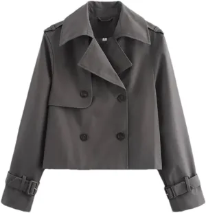 Women Vintage Casual Jackets Solid Double Breasted Lapel Short Coat Lightweight Trenchcoats