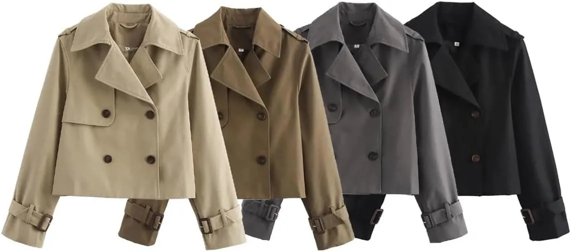Women Vintage Casual Jackets Solid Double Breasted Lapel Short Coat Lightweight Trenchcoats