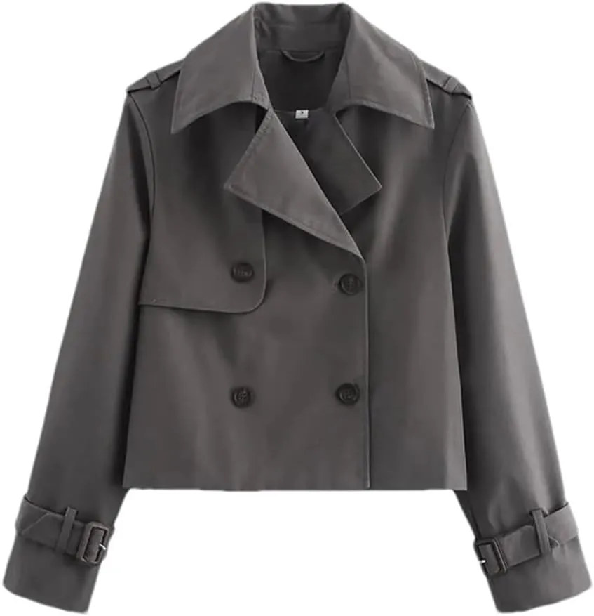 Women Vintage Casual Jackets Solid Double Breasted Lapel Short Coat Lightweight Trenchcoats