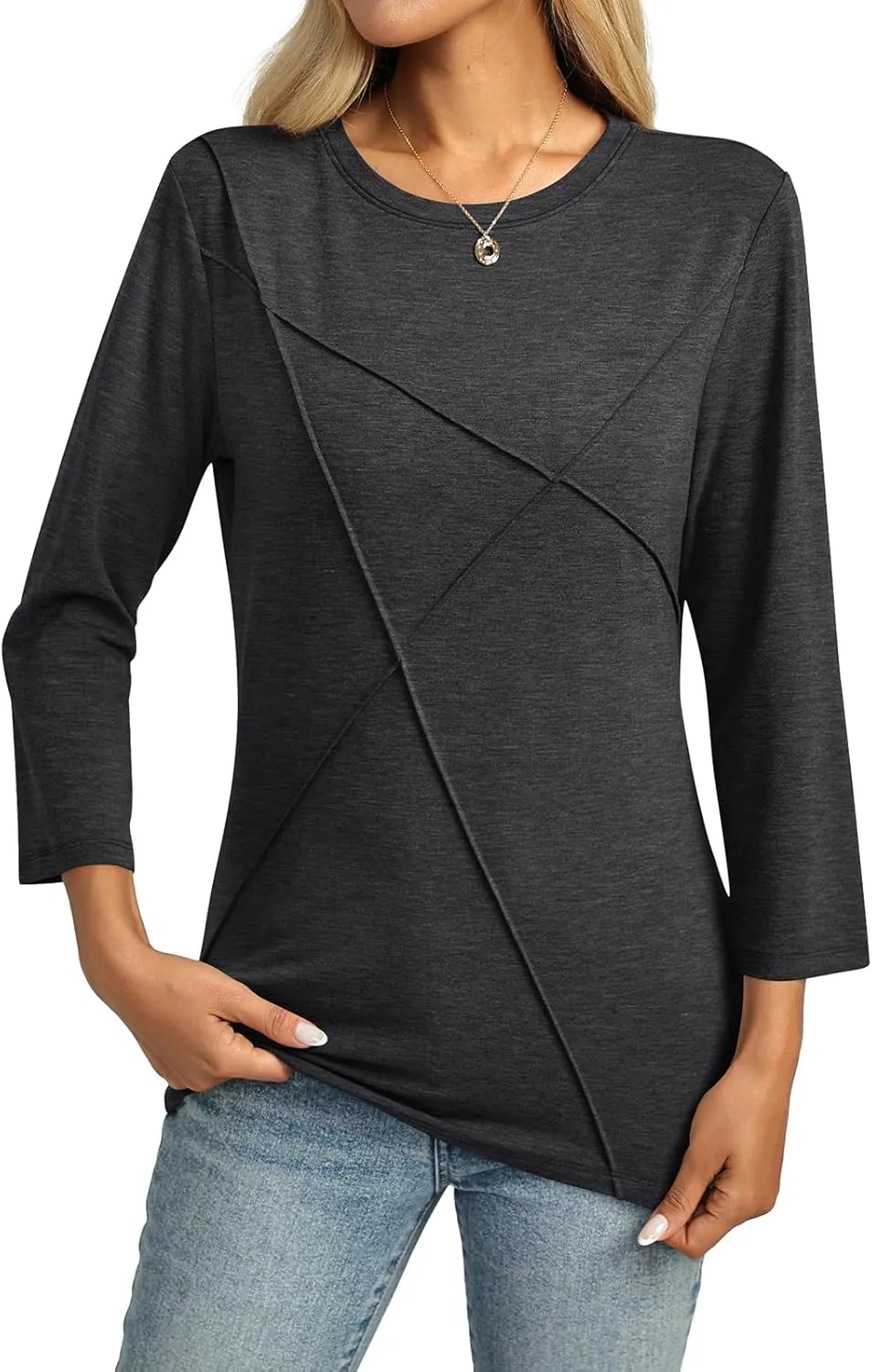 Womens 3/4 Sleeve Tops Crew Neck Summer Tops Casual Basic Tees Loose Fit Blouses