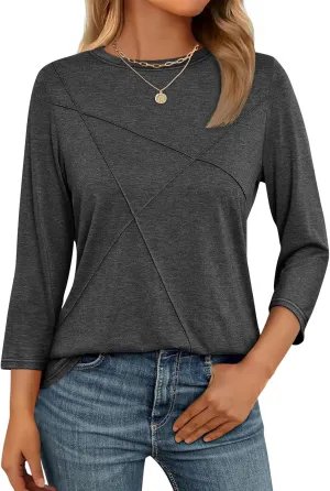 Womens 3/4 Sleeve Tops Crew Neck Summer Tops Casual Basic Tees Loose Fit Blouses