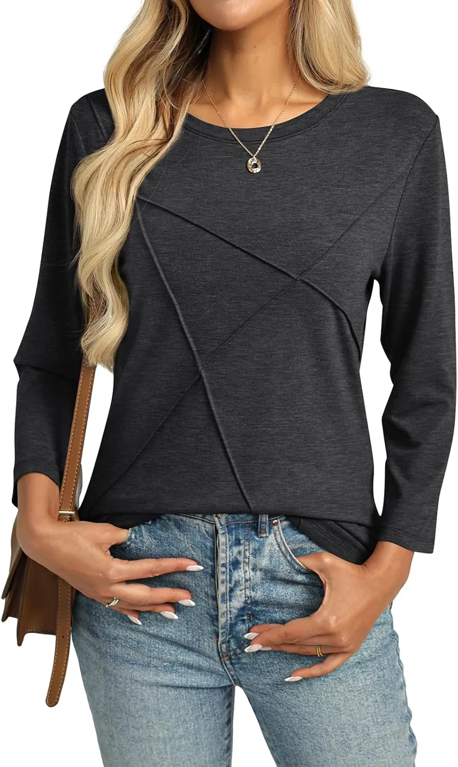 Womens 3/4 Sleeve Tops Crew Neck Summer Tops Casual Basic Tees Loose Fit Blouses