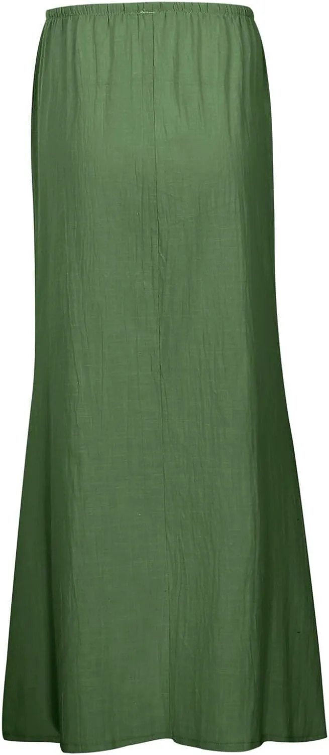 Womens Cotton Linen Maxi Skirts Drawstring Elastic Waist A-Line 2025 Summer Casual Loose Lightweight Flowy Long Skirt