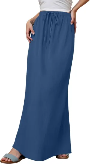 Womens Cotton Linen Maxi Skirts Drawstring Elastic Waist A-Line 2025 Summer Casual Loose Lightweight Flowy Long Skirt
