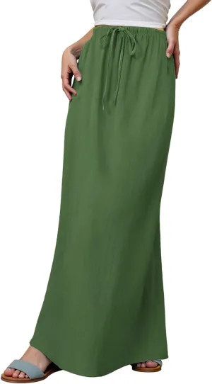Womens Cotton Linen Maxi Skirts Drawstring Elastic Waist A-Line 2025 Summer Casual Loose Lightweight Flowy Long Skirt