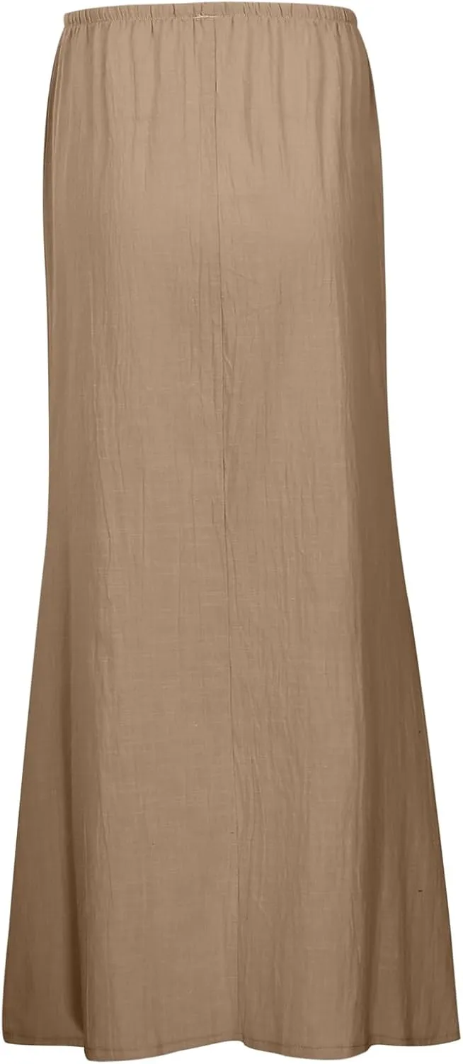 Womens Cotton Linen Maxi Skirts Drawstring Elastic Waist A-Line 2025 Summer Casual Loose Lightweight Flowy Long Skirt