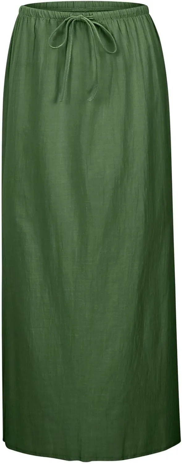 Womens Cotton Linen Maxi Skirts Drawstring Elastic Waist A-Line 2025 Summer Casual Loose Lightweight Flowy Long Skirt