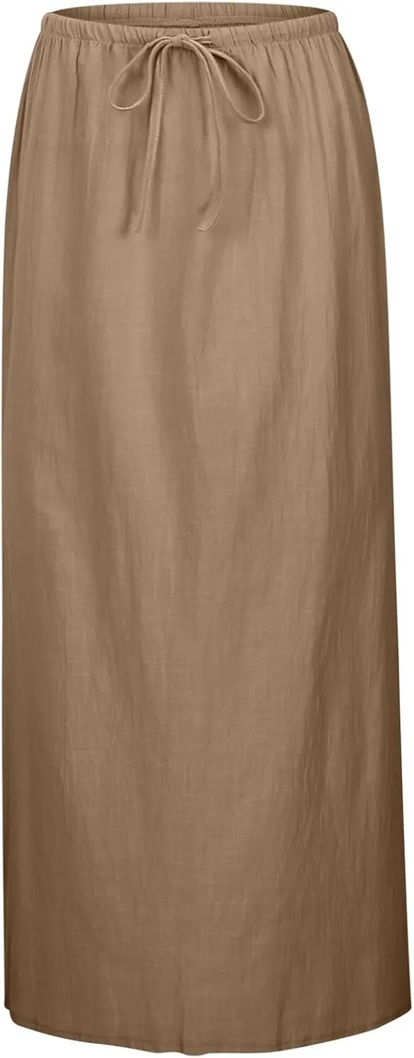 Womens Cotton Linen Maxi Skirts Drawstring Elastic Waist A-Line 2025 Summer Casual Loose Lightweight Flowy Long Skirt