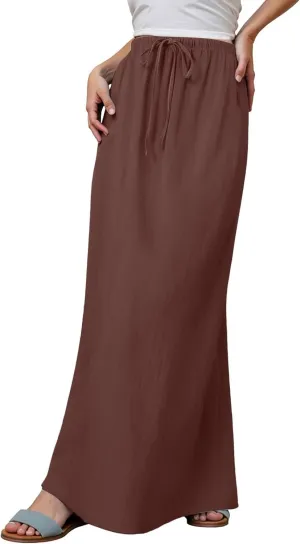 Womens Cotton Linen Maxi Skirts Drawstring Elastic Waist A-Line 2025 Summer Casual Loose Lightweight Flowy Long Skirt