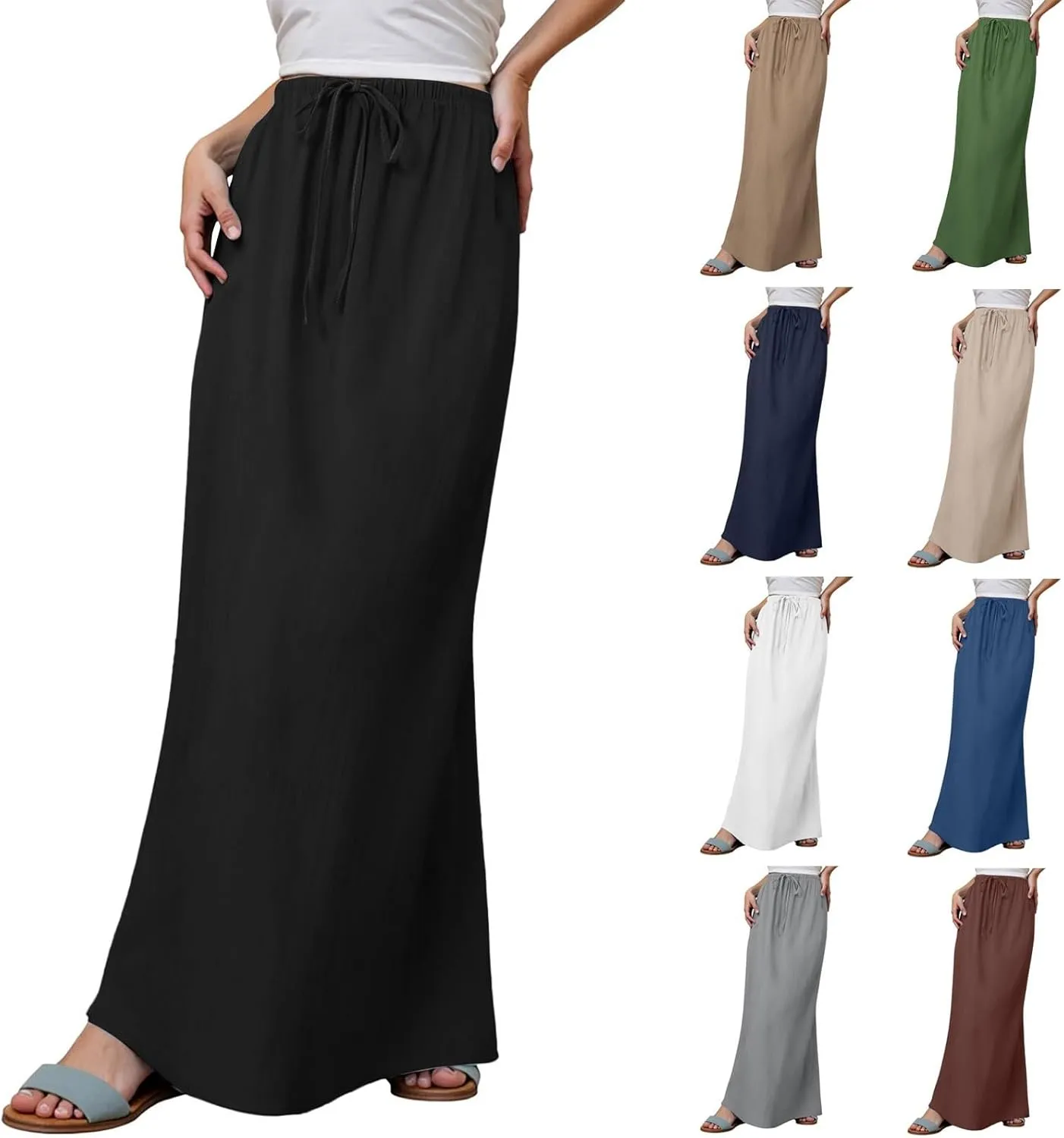 Womens Cotton Linen Maxi Skirts Drawstring Elastic Waist A-Line 2025 Summer Casual Loose Lightweight Flowy Long Skirt