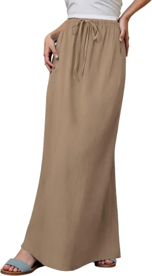 Womens Cotton Linen Maxi Skirts Drawstring Elastic Waist A-Line 2025 Summer Casual Loose Lightweight Flowy Long Skirt