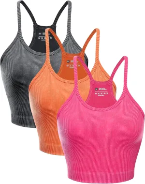 Women's Crop 3-Pack Washed Seamless Rib-Knit Yoga Camisole Crop Tank Tops - Racerback Sport Tank Tops
