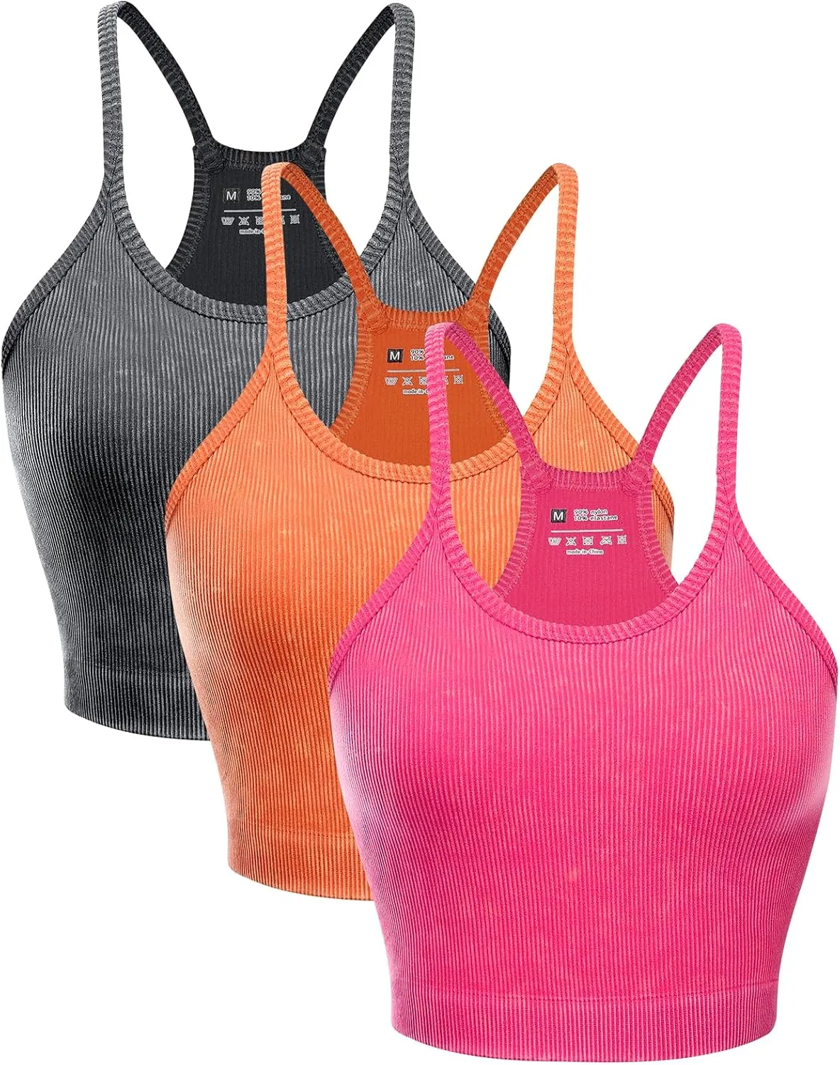 Women's Crop 3-Pack Washed Seamless Rib-Knit Yoga Camisole Crop Tank Tops - Racerback Sport Tank Tops
