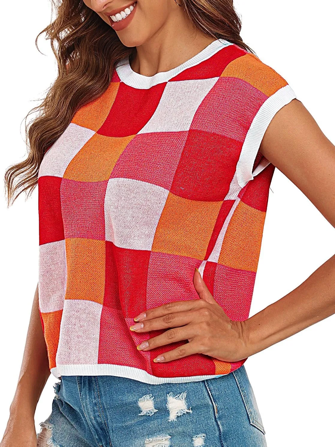 Women's Crop Tops Cap Sleeve Crew Neck Color Block Going Out Lightweight Sweater Tops