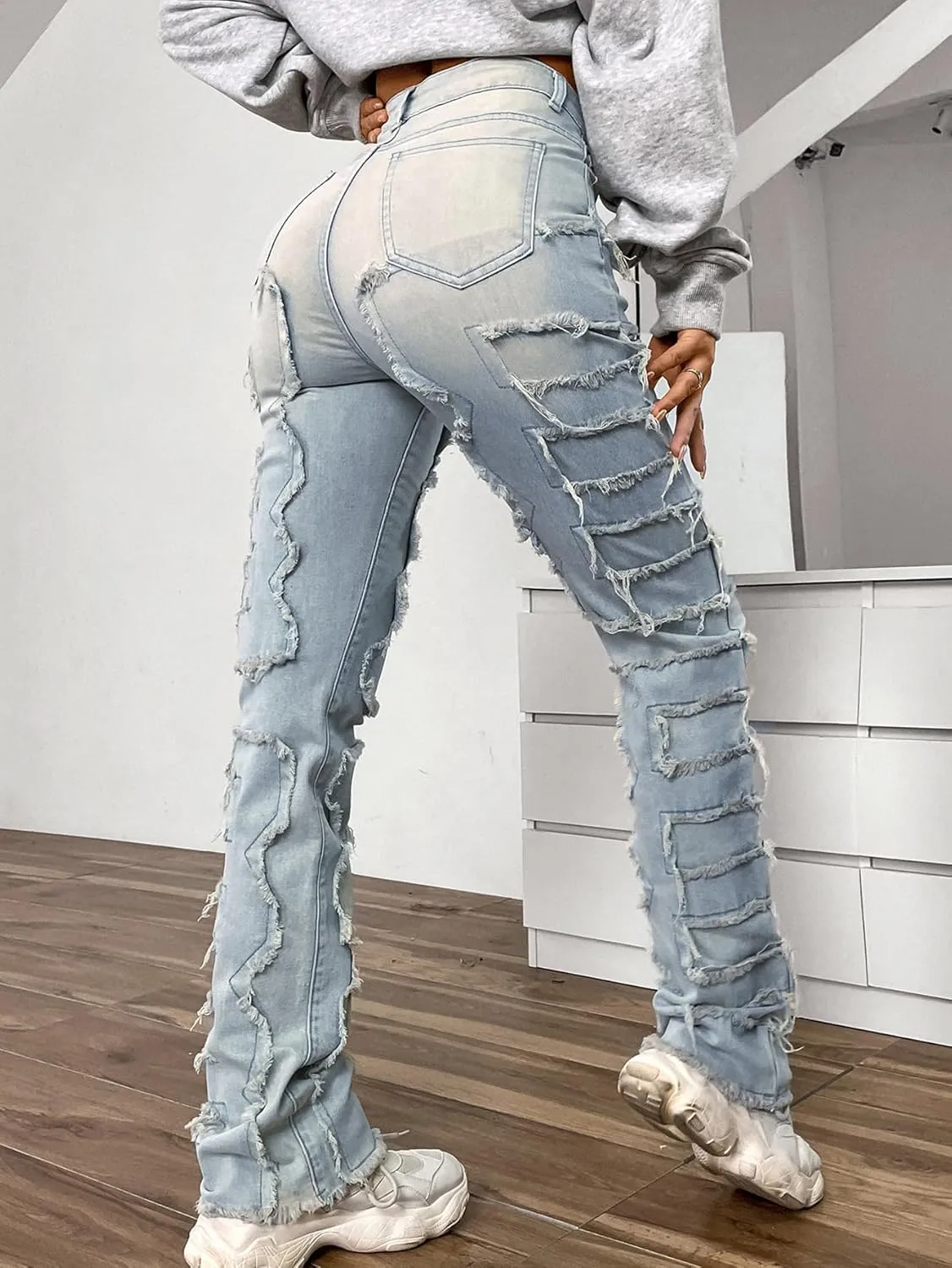 Women's High Waisted Straight Leg Slim Fit Raw Hem Patchwork Stretchy Y2K Stacked Mom Jeans Boyfriend Jeans for Teen Girls