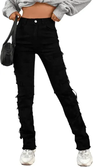 Women's High Waisted Straight Leg Slim Fit Raw Hem Patchwork Stretchy Y2K Stacked Mom Jeans Boyfriend Jeans for Teen Girls