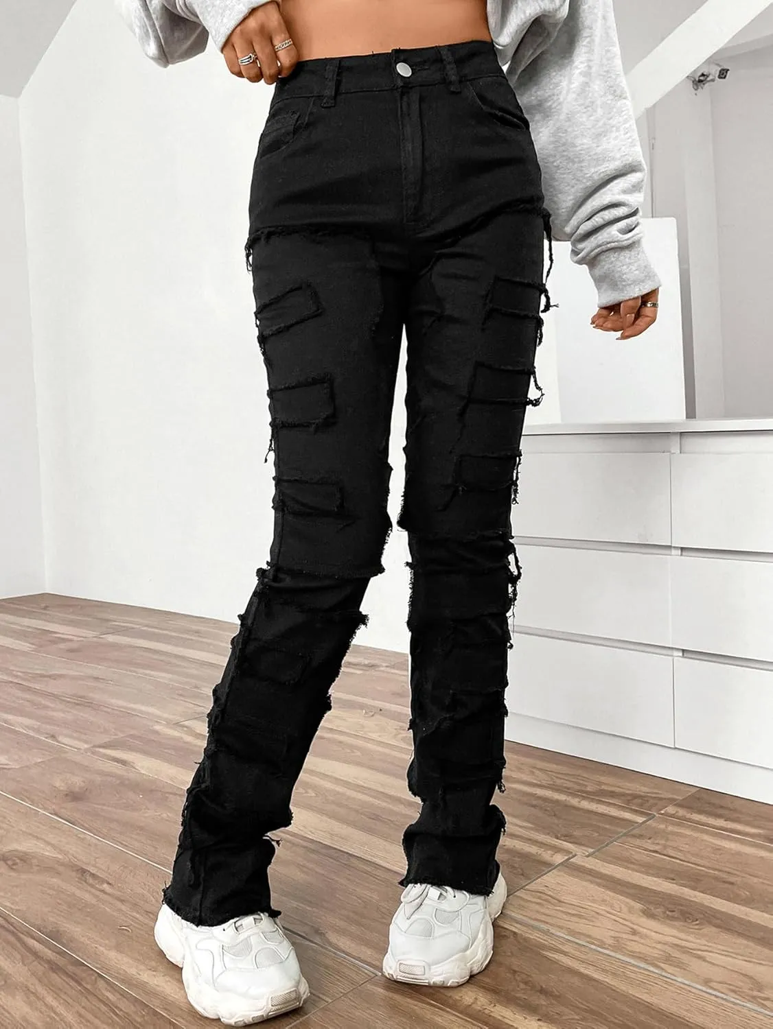Women's High Waisted Straight Leg Slim Fit Raw Hem Patchwork Stretchy Y2K Stacked Mom Jeans Boyfriend Jeans for Teen Girls