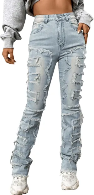 Women's High Waisted Straight Leg Slim Fit Raw Hem Patchwork Stretchy Y2K Stacked Mom Jeans Boyfriend Jeans for Teen Girls