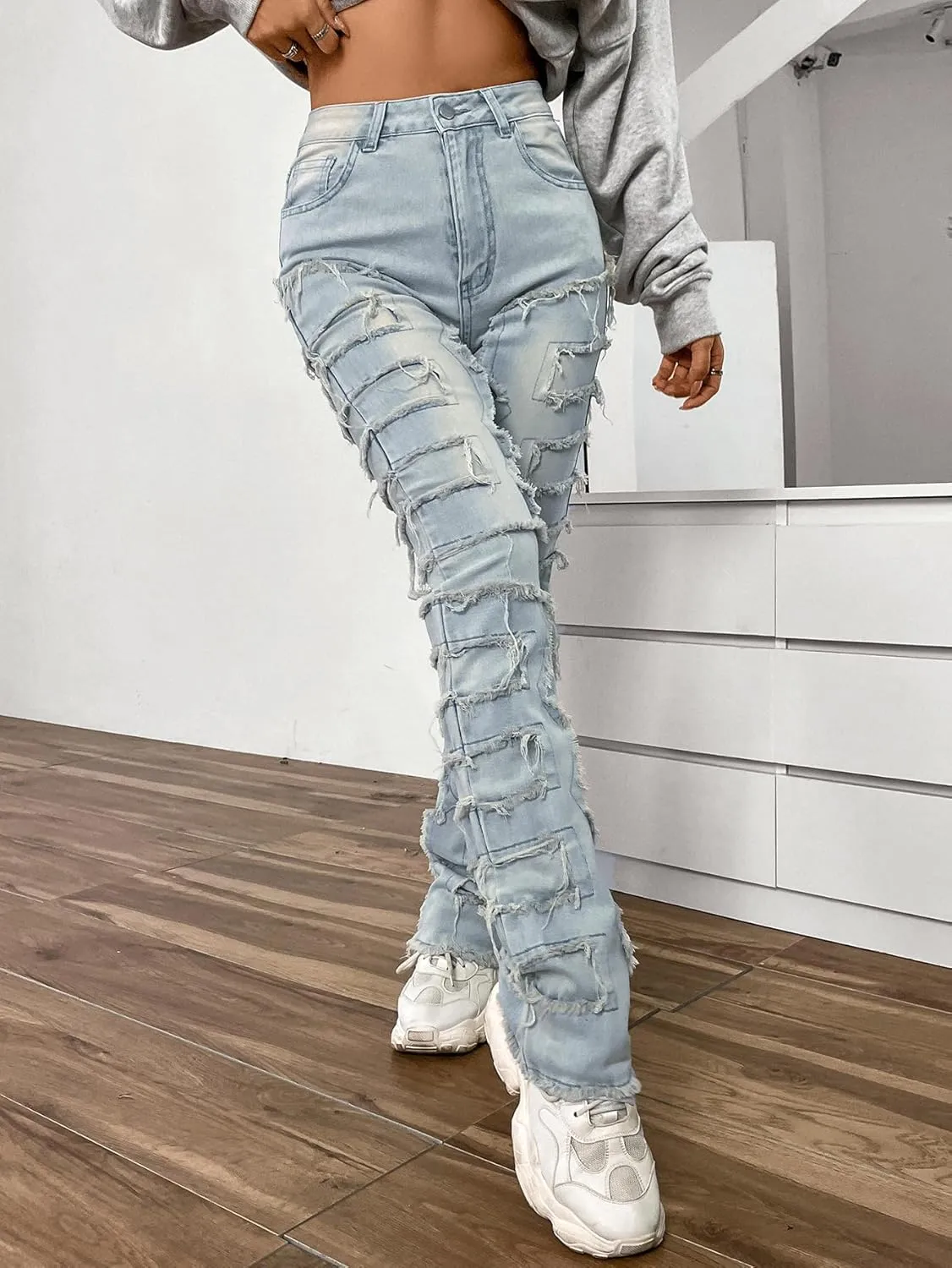 Women's High Waisted Straight Leg Slim Fit Raw Hem Patchwork Stretchy Y2K Stacked Mom Jeans Boyfriend Jeans for Teen Girls