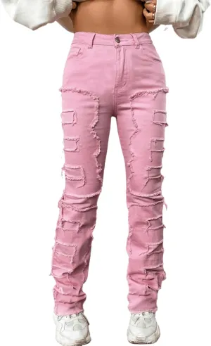 Women's High Waisted Straight Leg Slim Fit Raw Hem Patchwork Stretchy Y2K Stacked Mom Jeans Boyfriend Jeans for Teen Girls