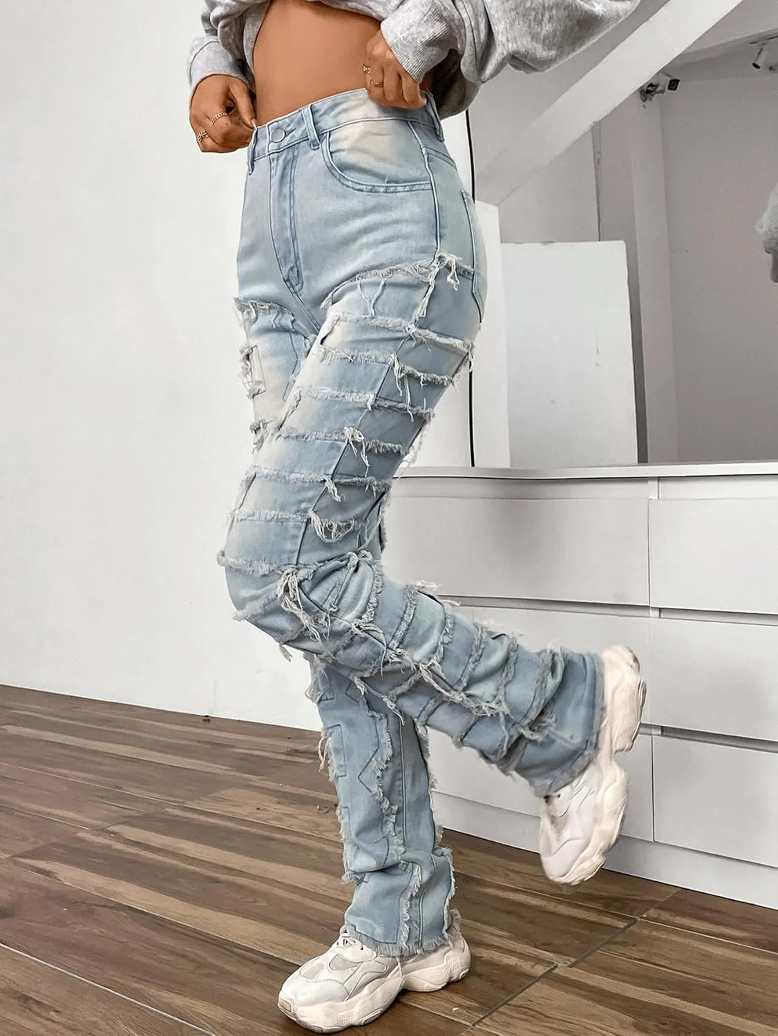 Women's High Waisted Straight Leg Slim Fit Raw Hem Patchwork Stretchy Y2K Stacked Mom Jeans Boyfriend Jeans for Teen Girls
