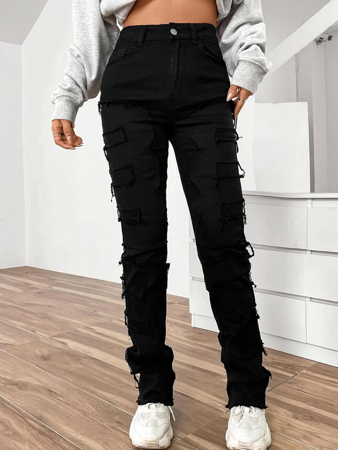 Women's High Waisted Straight Leg Slim Fit Raw Hem Patchwork Stretchy Y2K Stacked Mom Jeans Boyfriend Jeans for Teen Girls