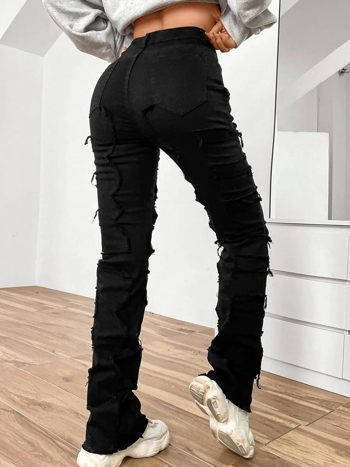 Women's High Waisted Straight Leg Slim Fit Raw Hem Patchwork Stretchy Y2K Stacked Mom Jeans Boyfriend Jeans for Teen Girls