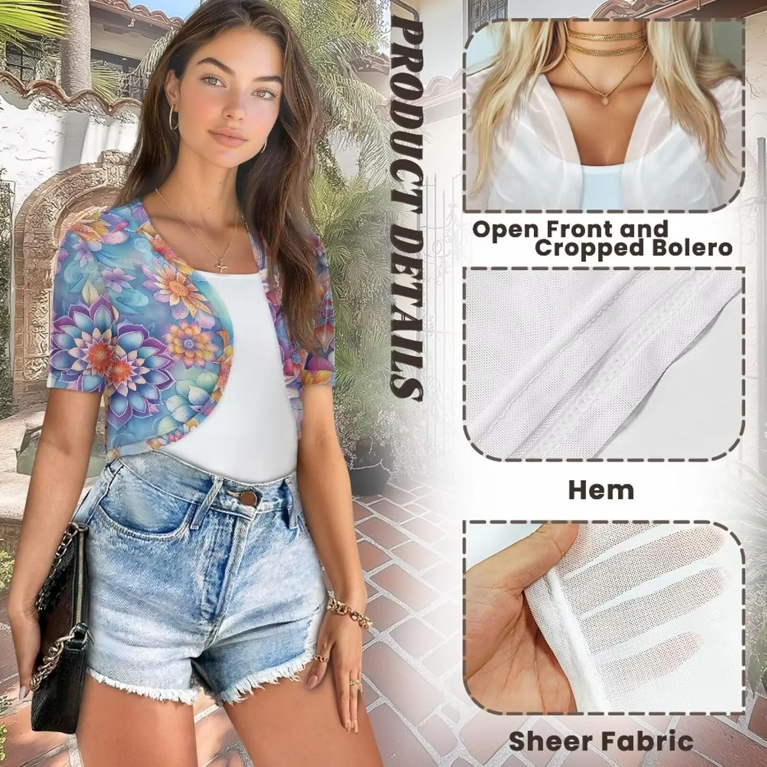 Womens Short Sleeve Cardigans Lightweight Summer Cardigan Trendy Bolero Shrug Cute Floral Cardigan Sheer Bolero