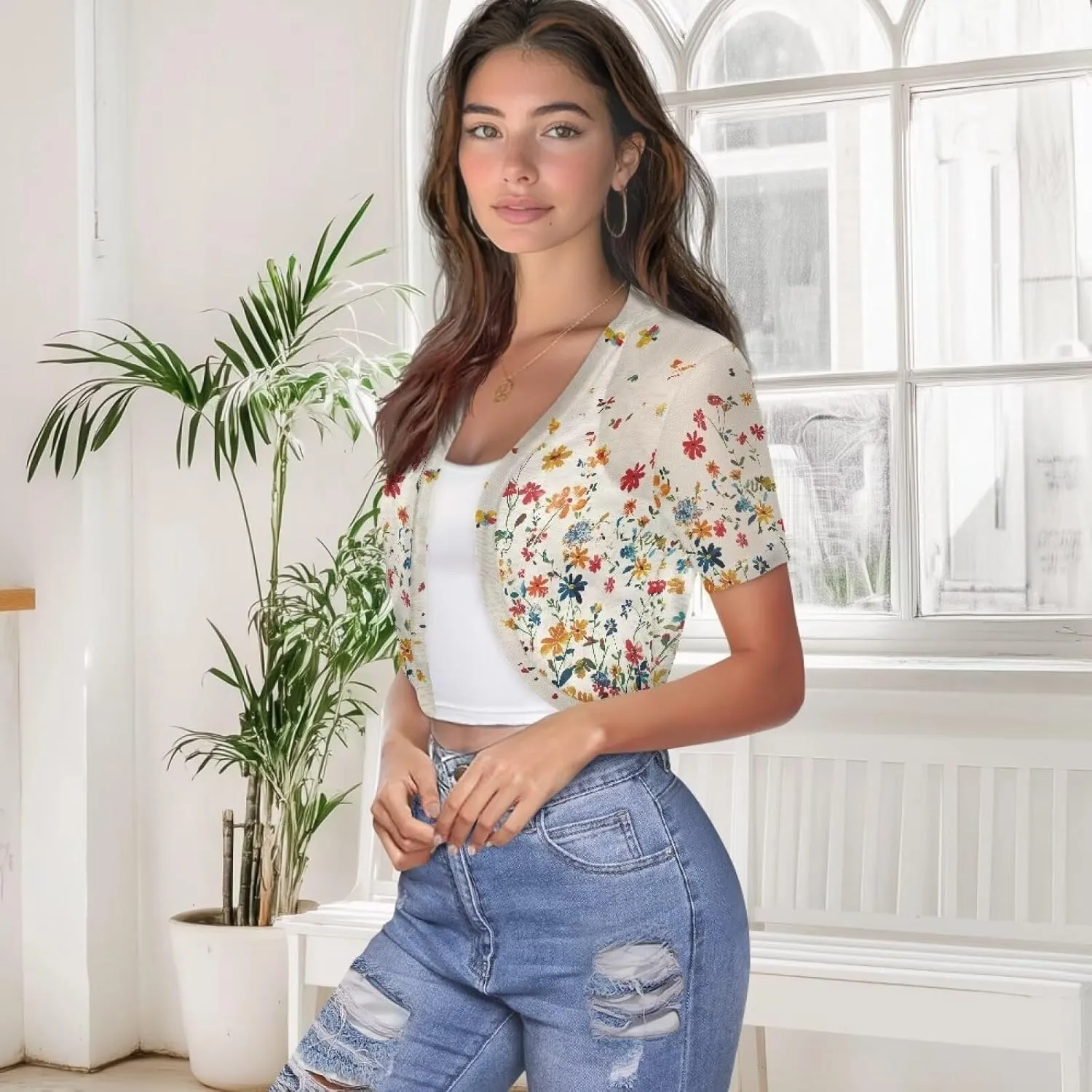 Womens Short Sleeve Cardigans Lightweight Summer Cardigan Trendy Bolero Shrug Cute Floral Cardigan Sheer Bolero