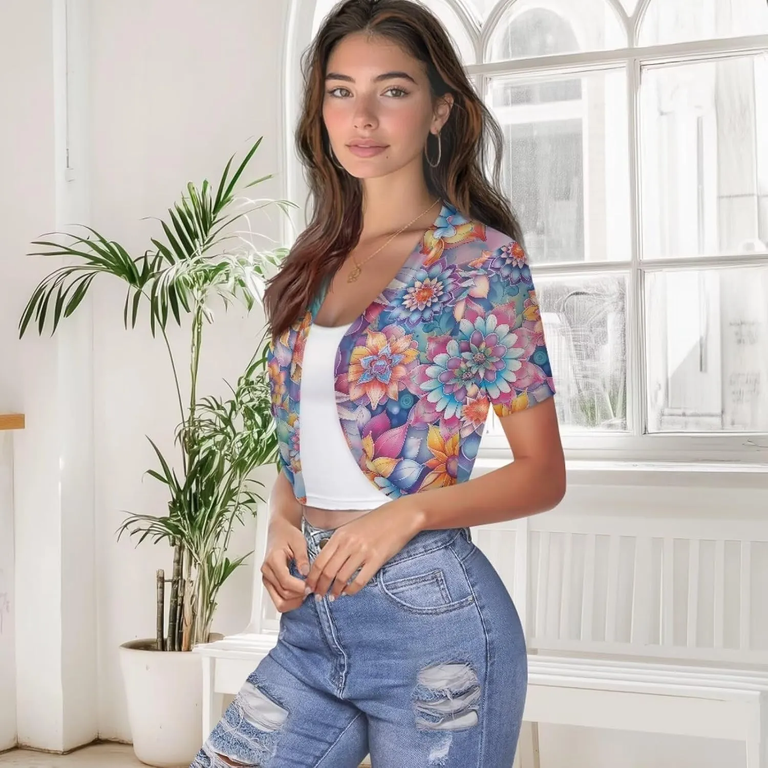 Womens Short Sleeve Cardigans Lightweight Summer Cardigan Trendy Bolero Shrug Cute Floral Cardigan Sheer Bolero