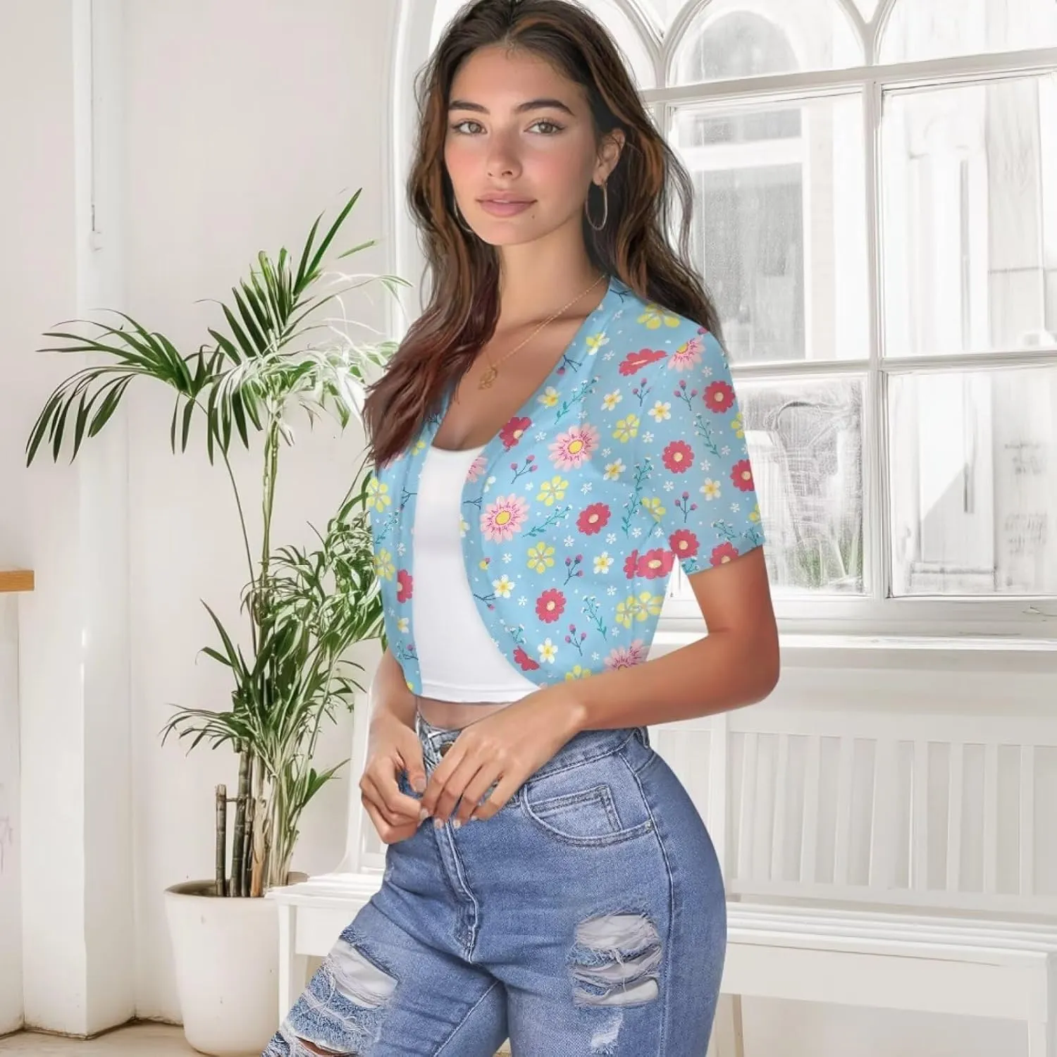 Womens Short Sleeve Cardigans Lightweight Summer Cardigan Trendy Bolero Shrug Cute Floral Cardigan Sheer Bolero